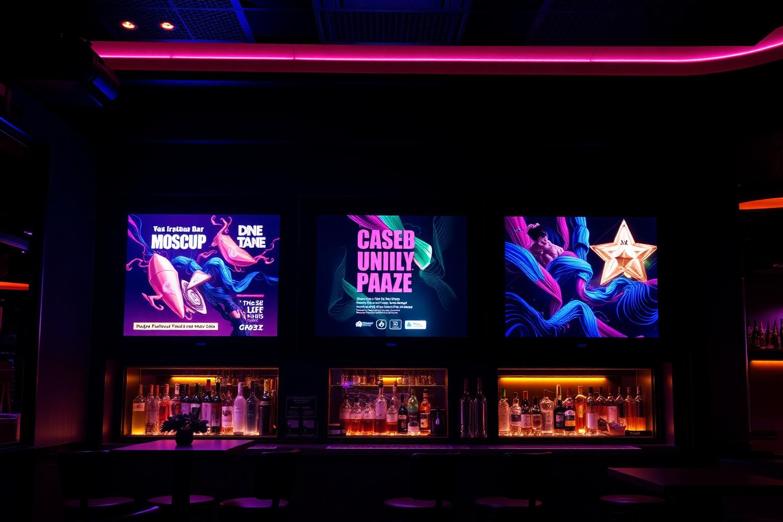 Telas exibindo conteúdo digital em um bar